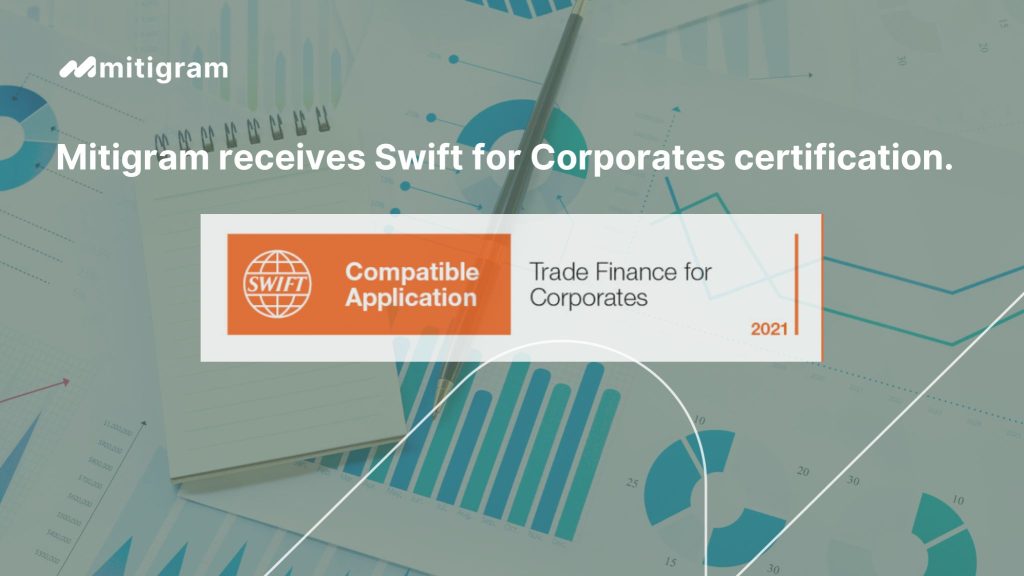 Mitigram's SWIFT Trade Finance for Corporates certification document displayed alongside data charts visualizing global trade finance connectivity and digital transaction growth metrics.